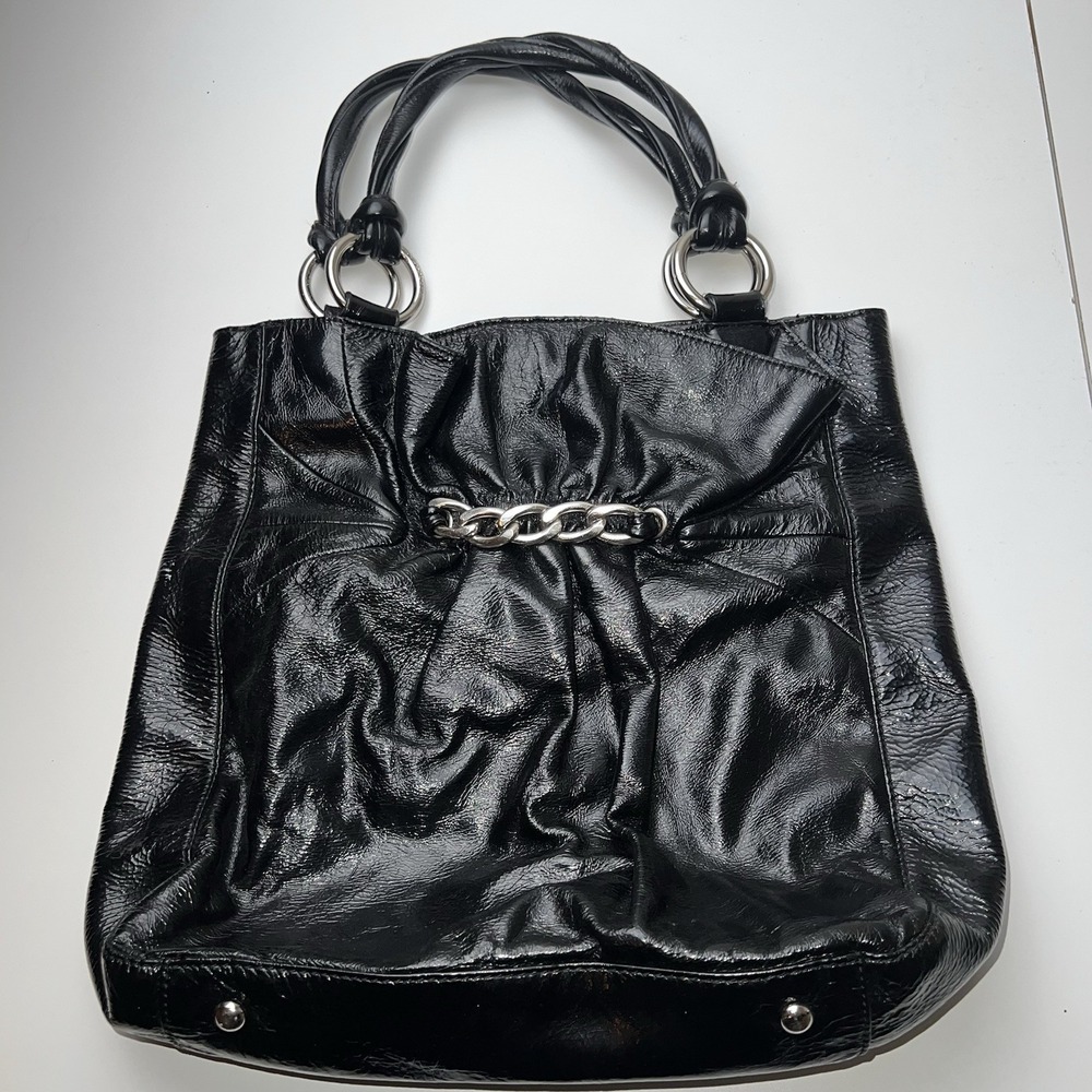 Nine West Black Patent Leather 2 Twist Handle  Purse Handbag With Chain Detail